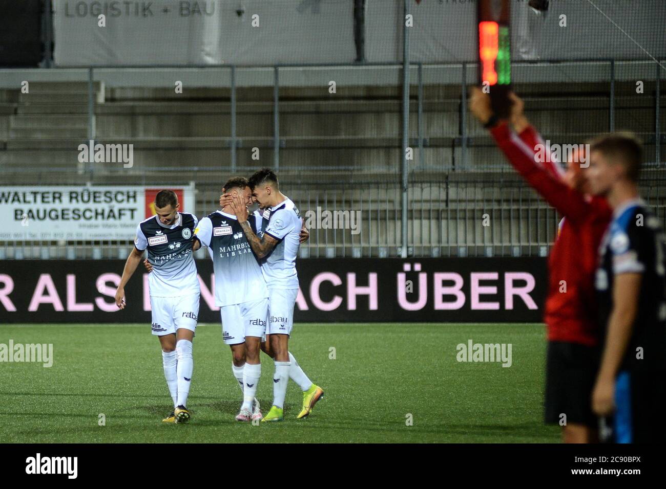 Wil, Schweiz. 27th July, 2020. 27.07.2020, Wil, IGP Arena, Fc Wil vs GCZ, Andrea Padula (R) and Eris Abedini (L) jubilate Julian von Moos after scoring 3-2 Credit: SPP Sport Press Photo. /Alamy Live News Stock Photo