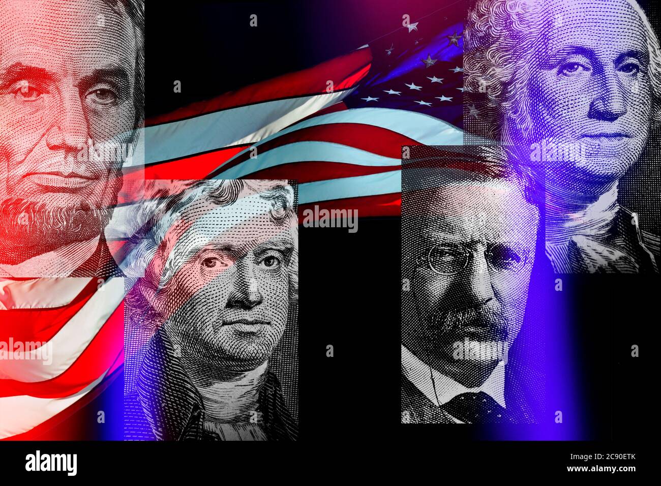 Portraits of American presidents against American flag Stock Photo