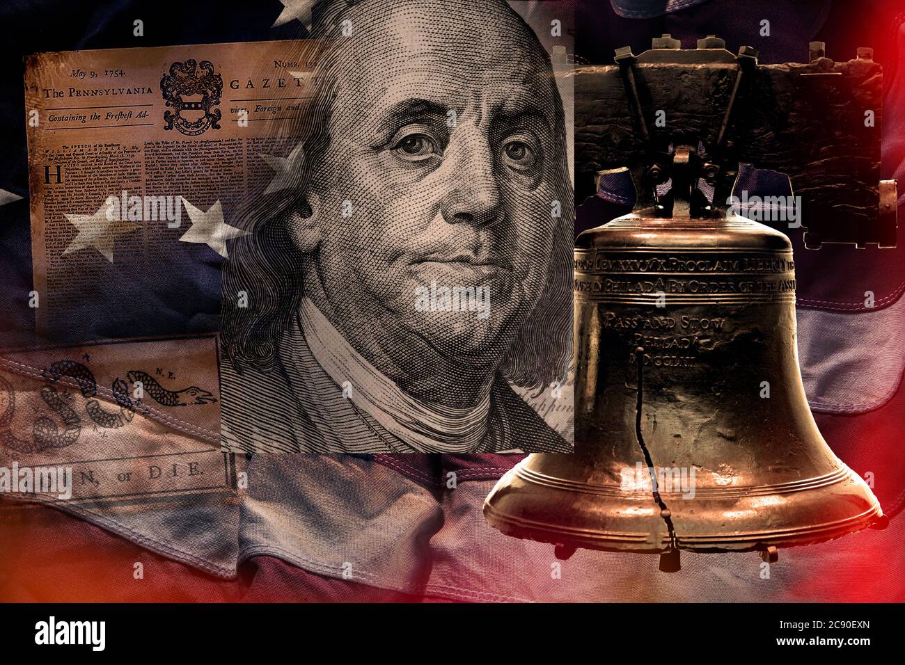 Benjamin Franklin, bell and newspaper against American flag Stock Photo