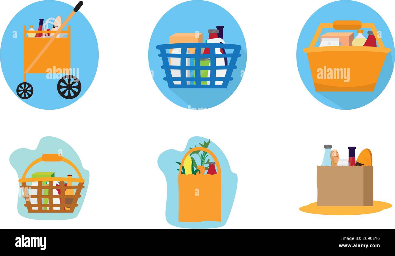 Set of grocery bags icons. Shopping carts and shopping baskets - Vector ...