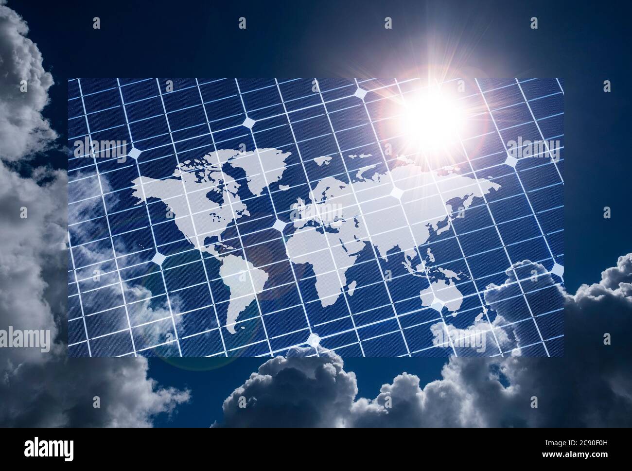 World map on solar panel Stock Photo