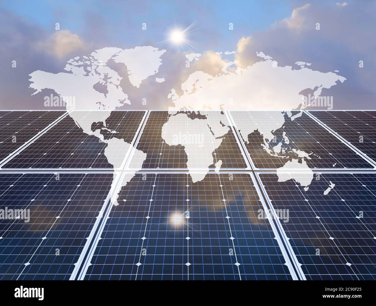 World map over solar panel Stock Photo