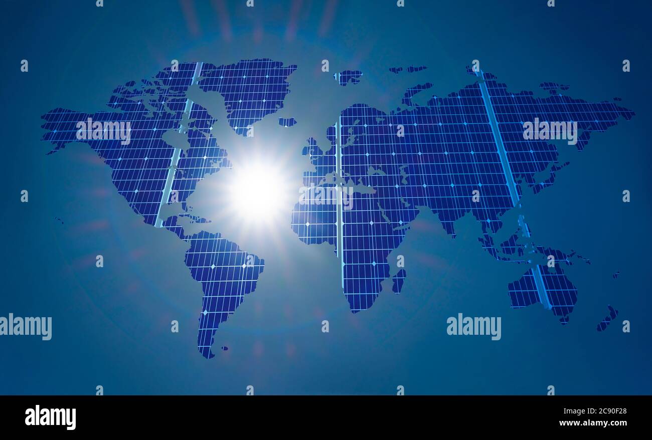 World map with solar panel grid against sun Stock Photo