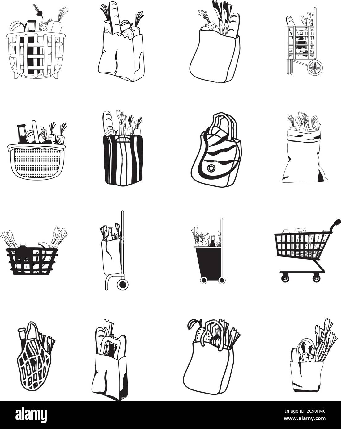 Set of grocery bags icons. Shopping carts and shopping baskets Vector