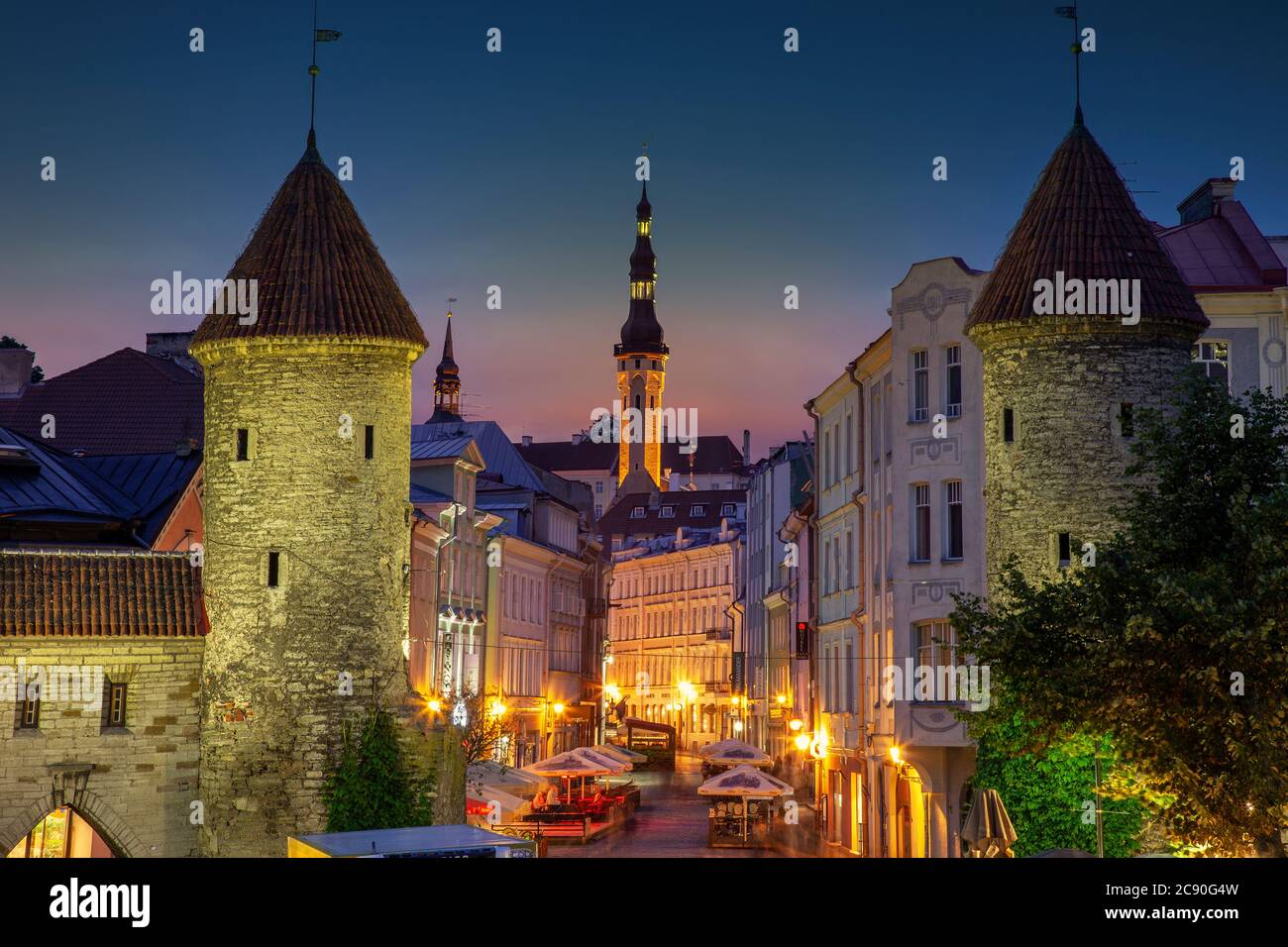 Europe, Baltic States, Estonia, Tallinn, Old town architecture at night Stock Photo