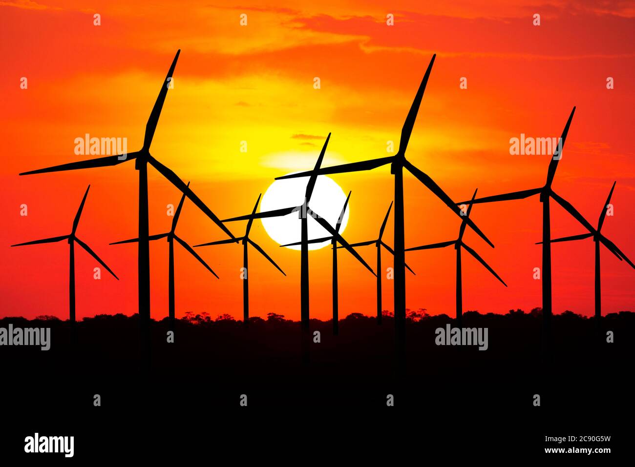 USA, California, Altamira Pass, Wind turbines at sunset Stock Photo