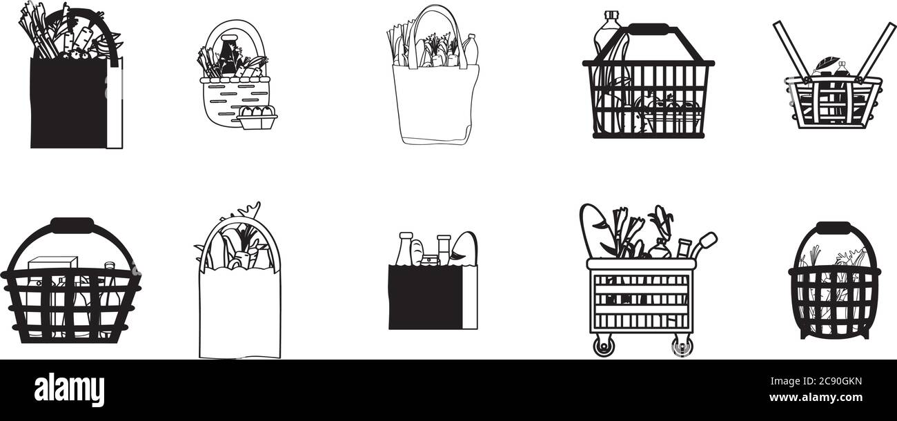 Set of grocery bags icons. Shopping carts and shopping baskets - Vector ...