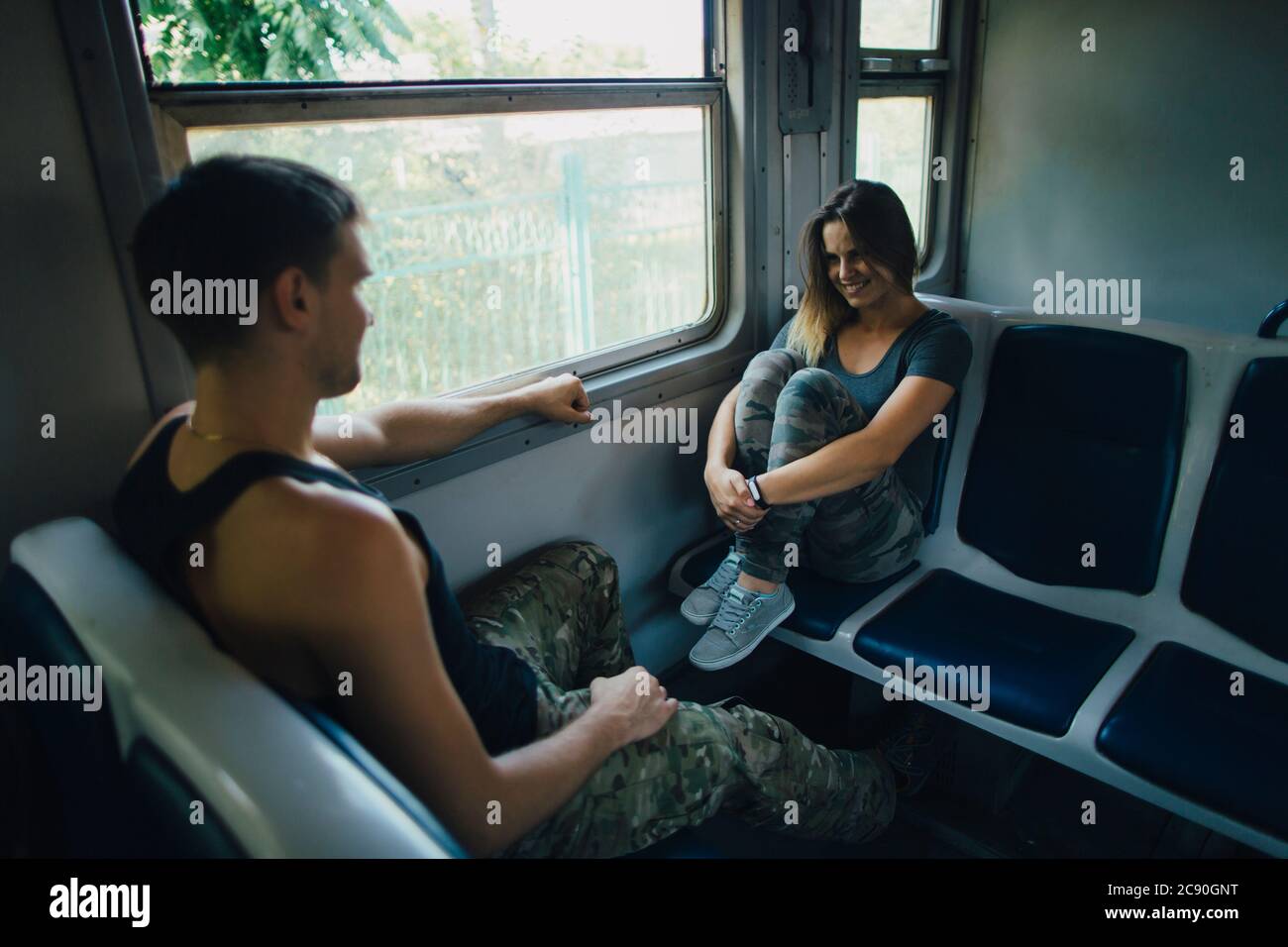 Couple on train Stock Photo