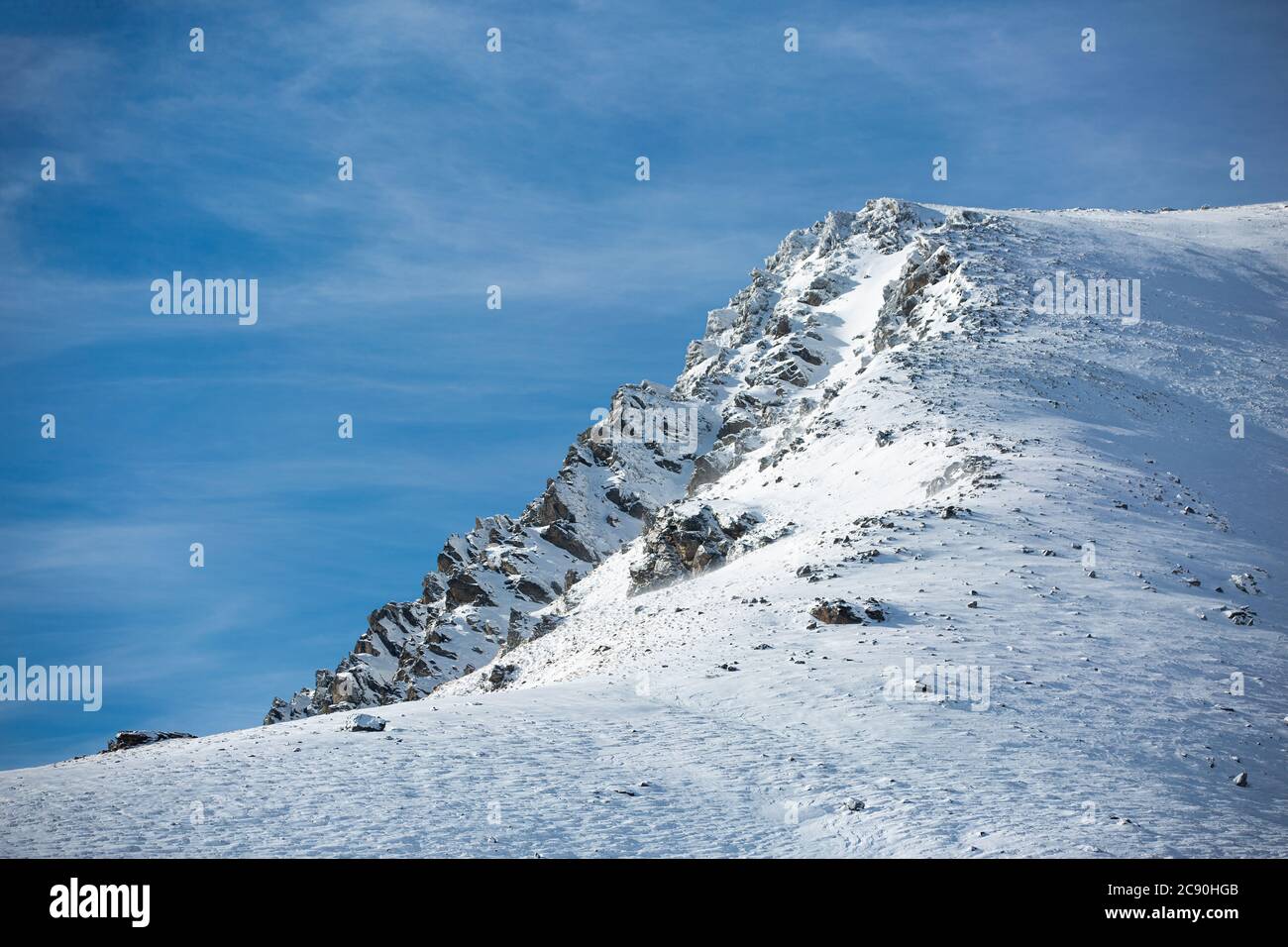 Winter landscape of snow mountain against blue sky in South island, New Zealand. Stock Photo