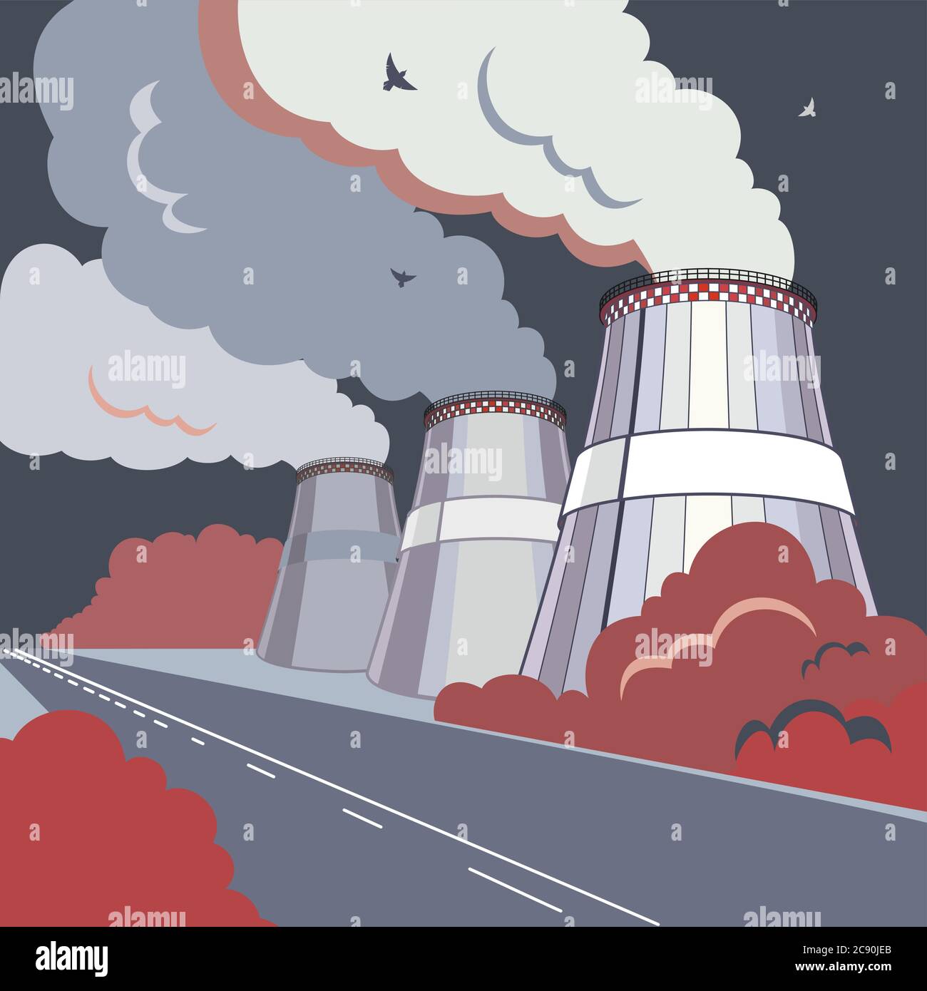 Emission pollutions factory. Cooling towers vector industrial energy