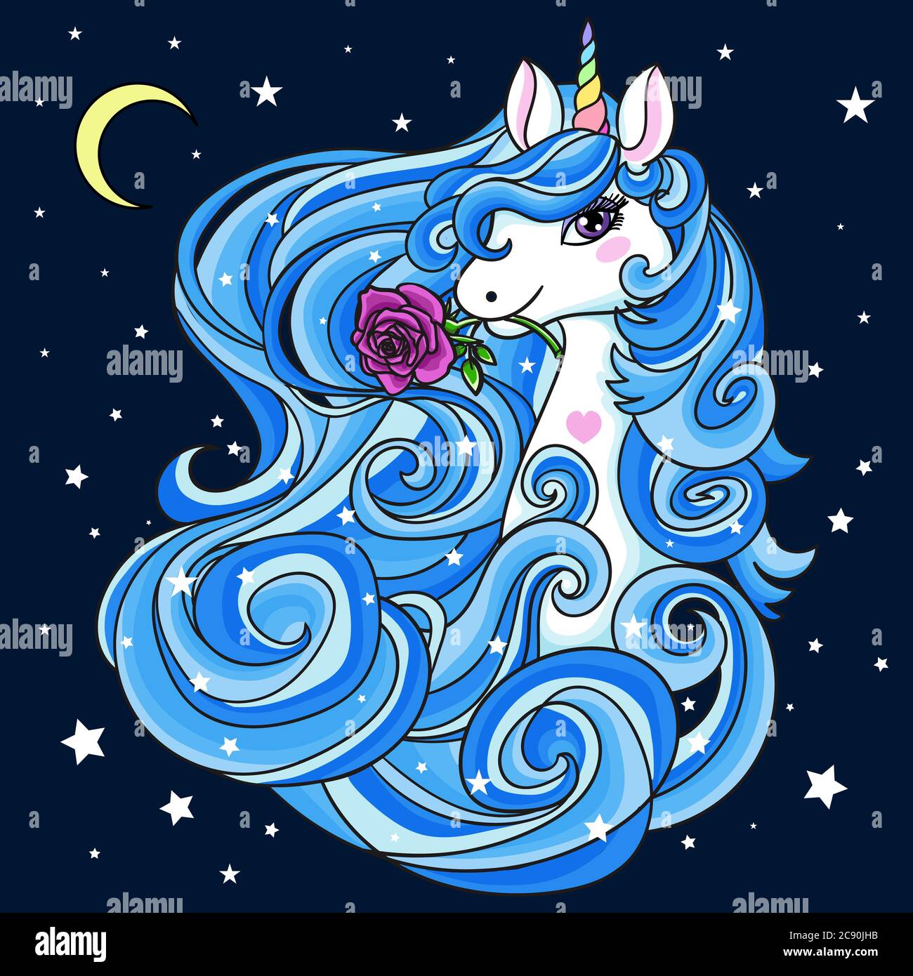 Beautiful white unicorn with a blue, long mane. Mythical animal. On a black background. For design prints, posters, stickers. tattoo. Vector Stock Vector