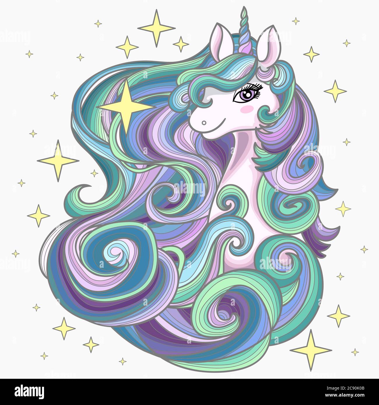 Head of a unicorn with a long mane. The magical animal. Doodle style. Hand-drawn. For prints, stickers, tattoo. Vector illustration Stock Vector