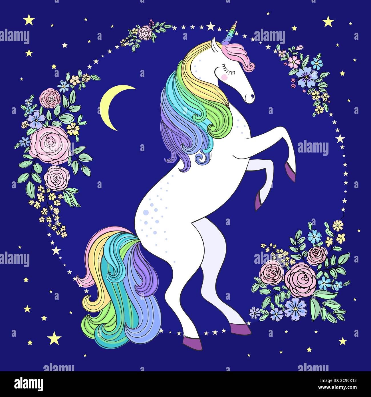 Unicorn in the starry night sky among the flowers. Composition in a ...