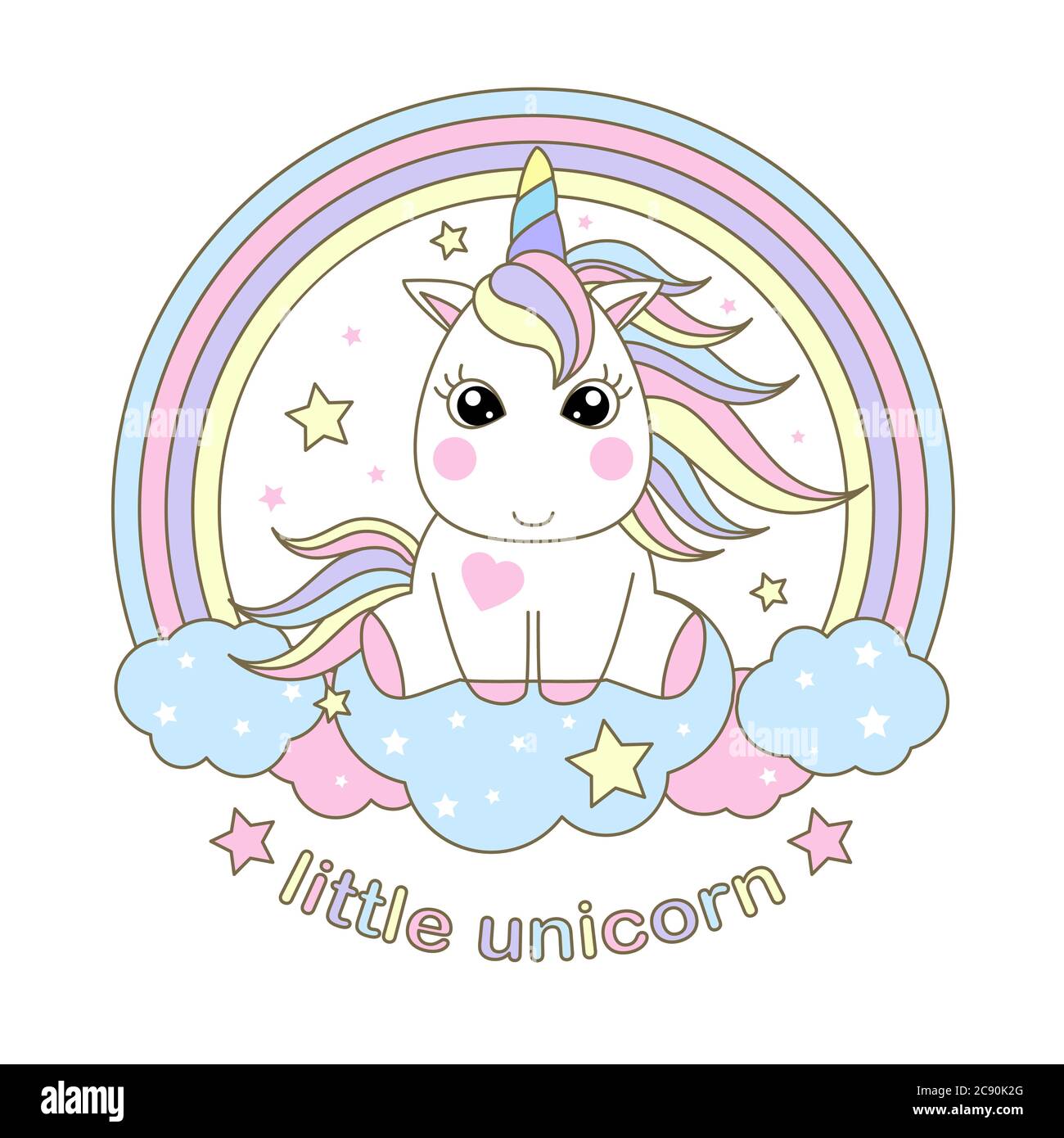 Text: Little Unicorn. A vector illustration of a pretty, white unicorn on a rainbow. For children's design prints, posters, postcards, etc. Stock Vector