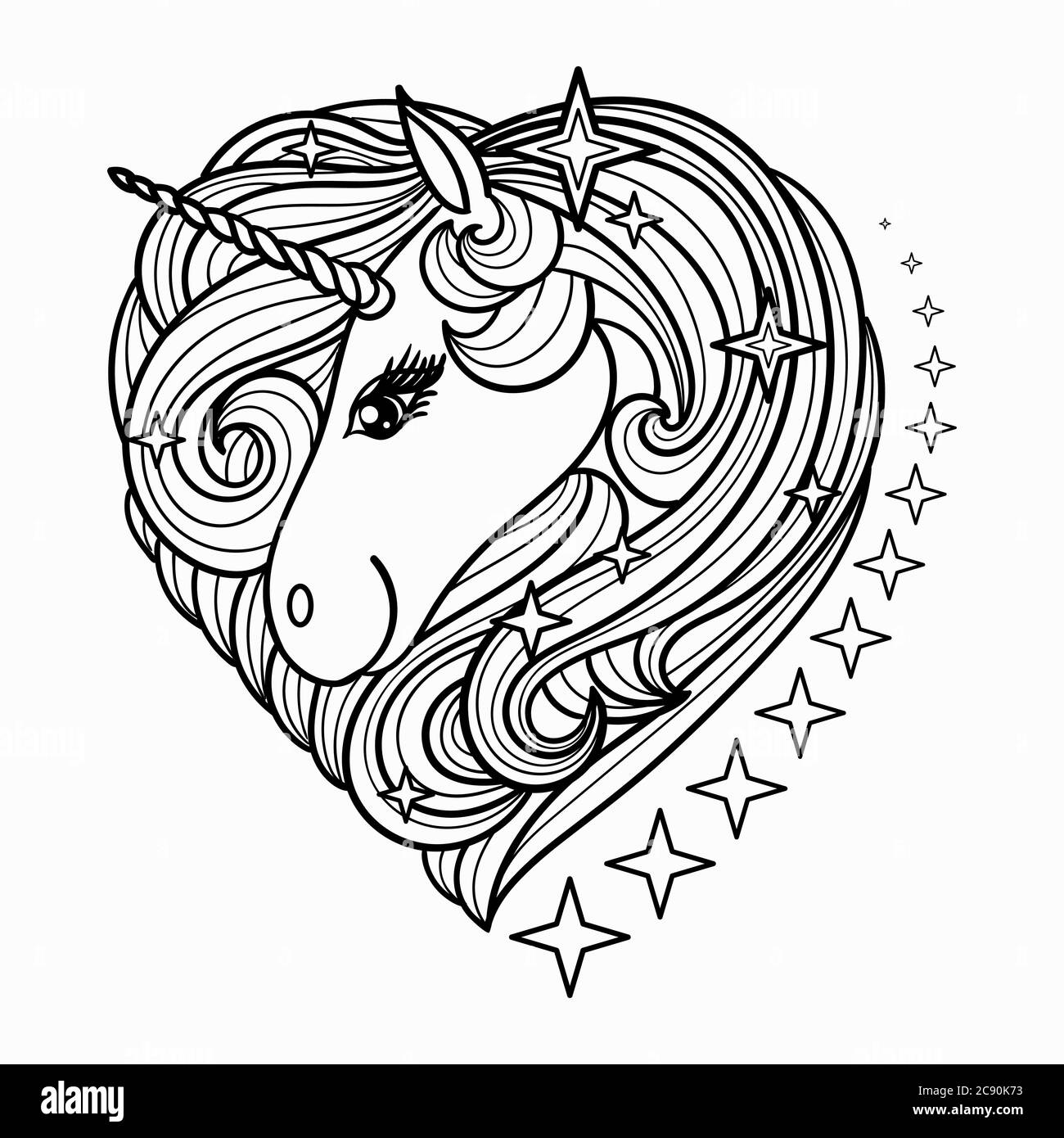 Cute Unicorn head with a long mane. Stylized in the shape of a heart. Black and white vector illustration for coloring, prints, tattoo. Stock Vector