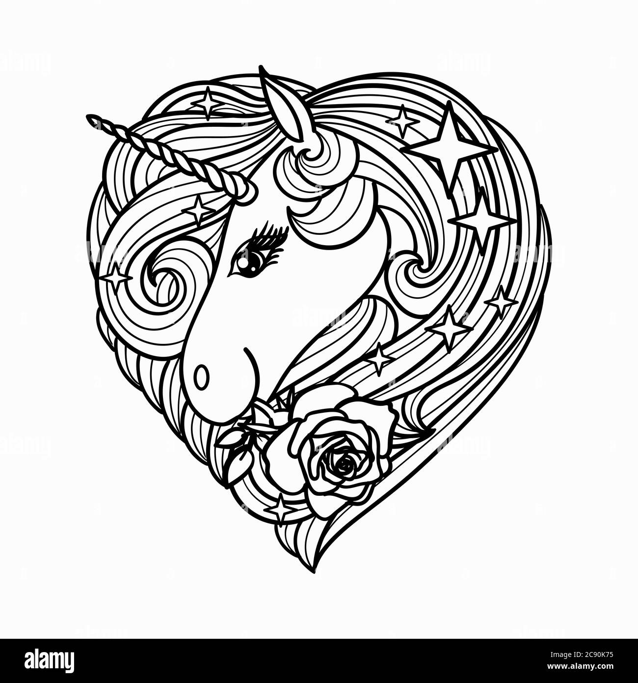 Cartoon Unicorn with a rose. Stylized in the shape of a heart. Hand drawn line illustration. For tattoo design, coloring, prints, posters. Vector Stock Vector