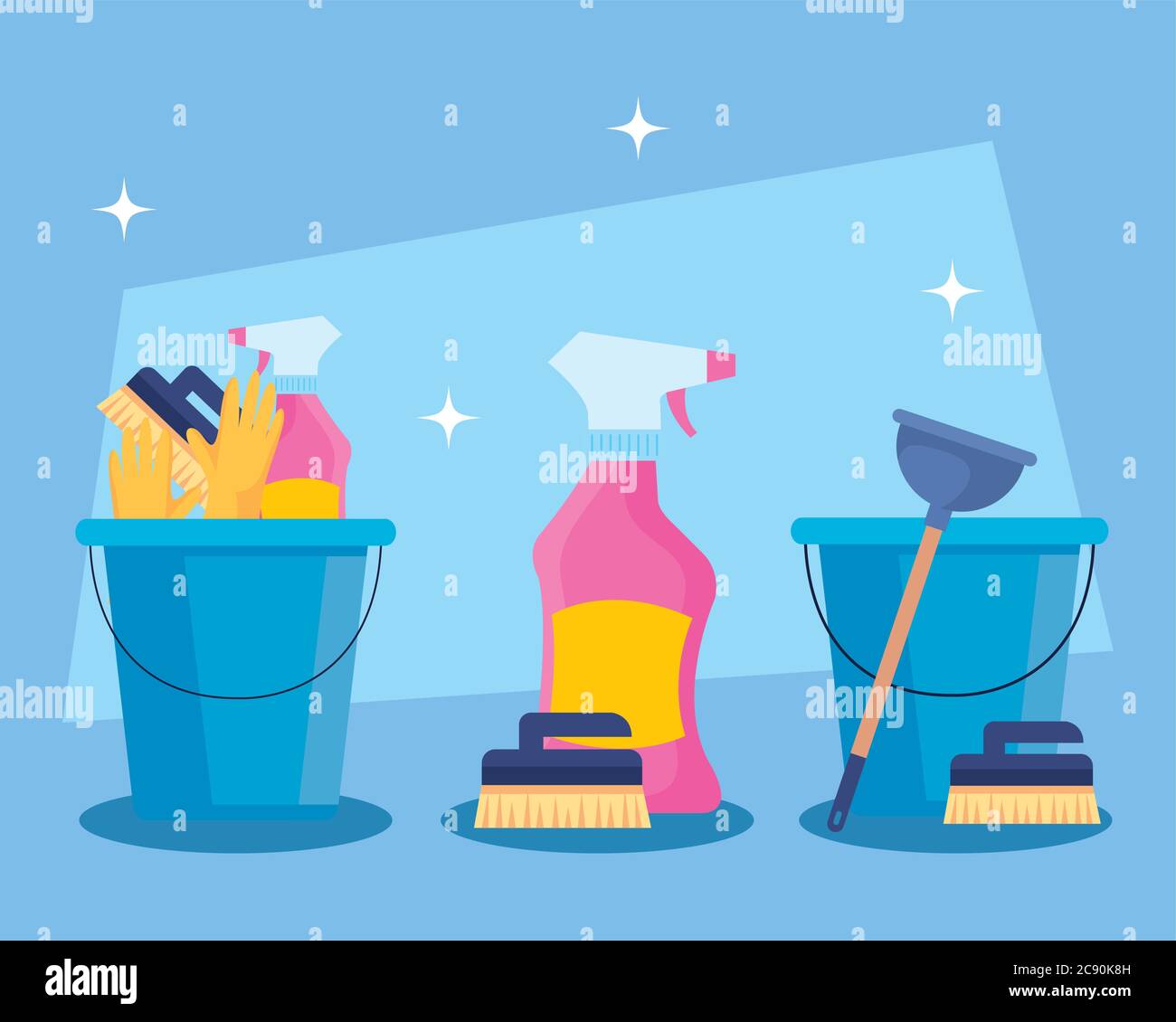 set of cleaning service in buckets with cleaning tools Stock Vector