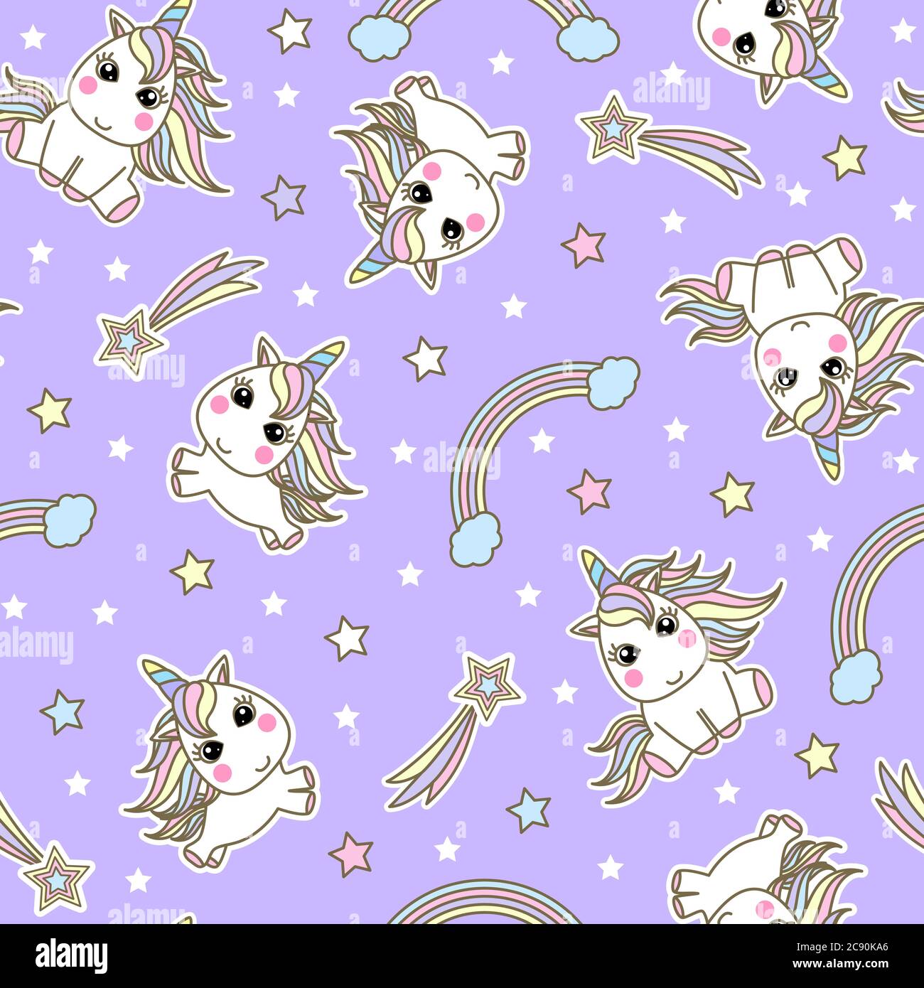 Seamless pattern with cute unicorns, stars, rainbow on the purple background. For children's design wallpaper, fabric, wrapping paper. Vector Stock Vector