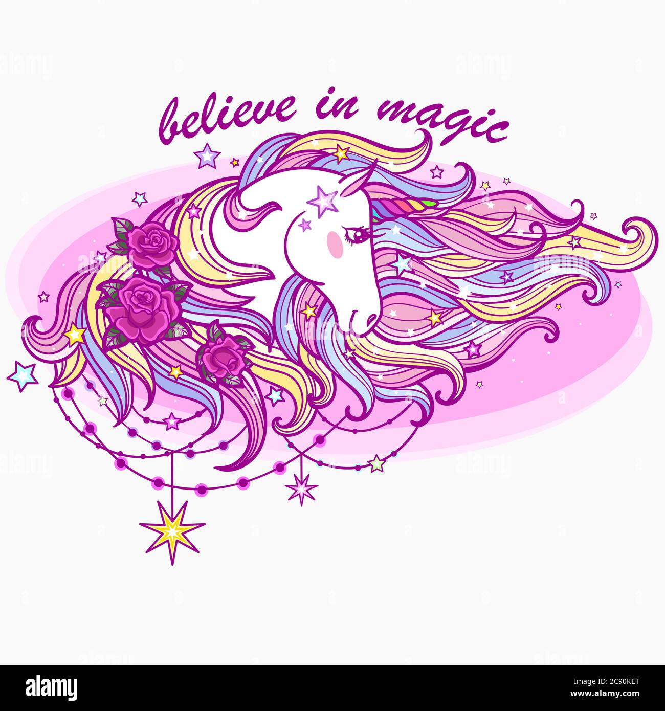 I believe in magic. A white unicorn with a rainbow mane. Fantasy animal. For the design of pomters, stickers, prints, tattoos, etc. Vector Stock Vector