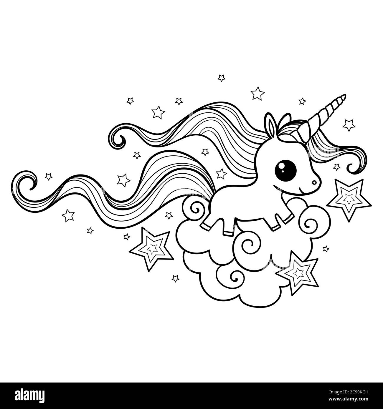 Cartoon, cute unicorn with a long mane. Black and white. Doodle style. Drawn by hand. For prints, posters, coloring books, postcards, etc. Vector Stock Vector