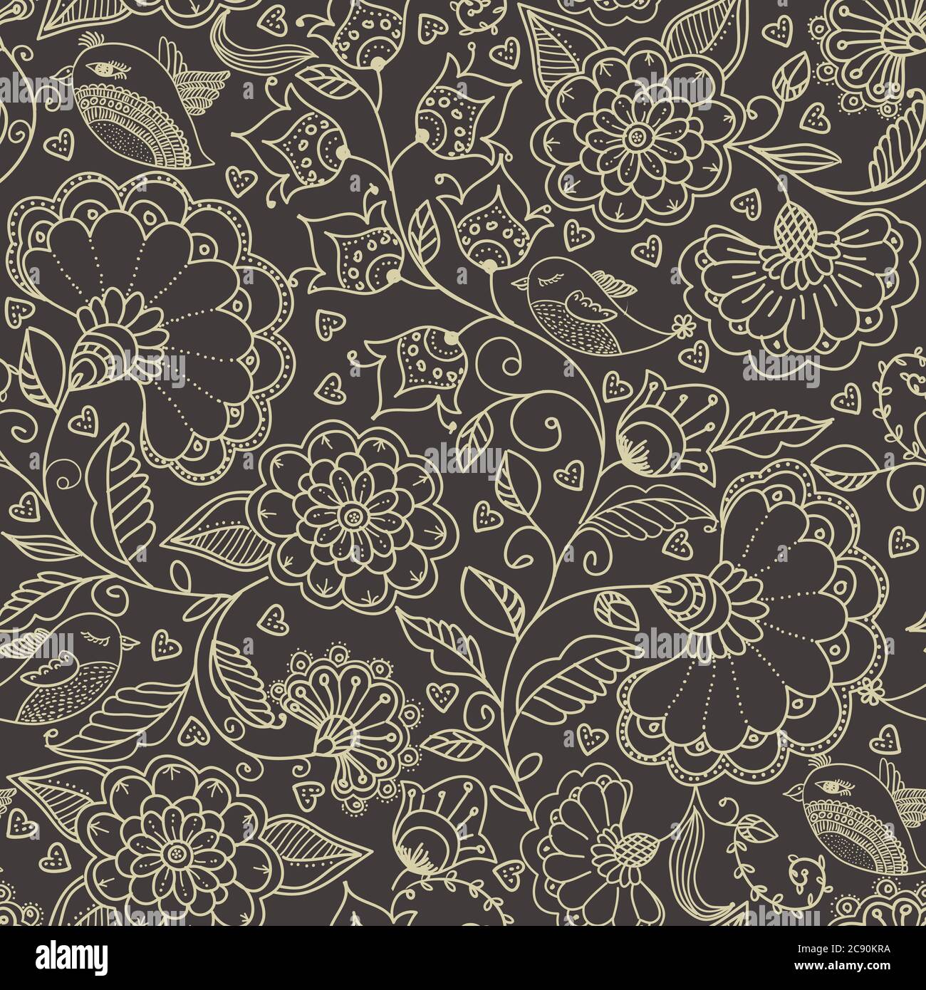 Seamless floral pattern in folk style with wildflowers, leaves. Hand ...