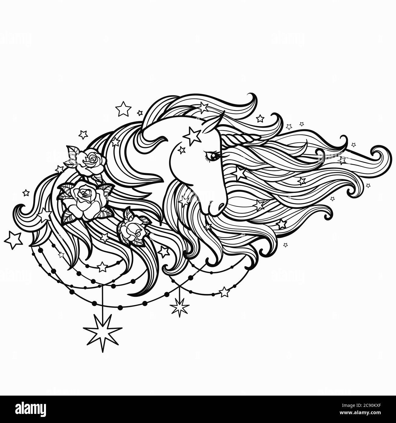Unicorn with a long mane and roses. Black and white. For tattoo design, coloring books, graphic prints, cards. Vector illustration Stock Vector