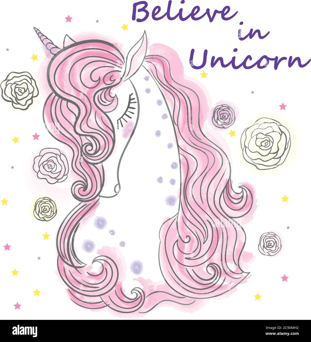 I believe in unicorns. The head of a white unicorn with a pink mane and roses. Cute fantasy animal. Suitable for kids design prints, posters, postcard Stock Vector