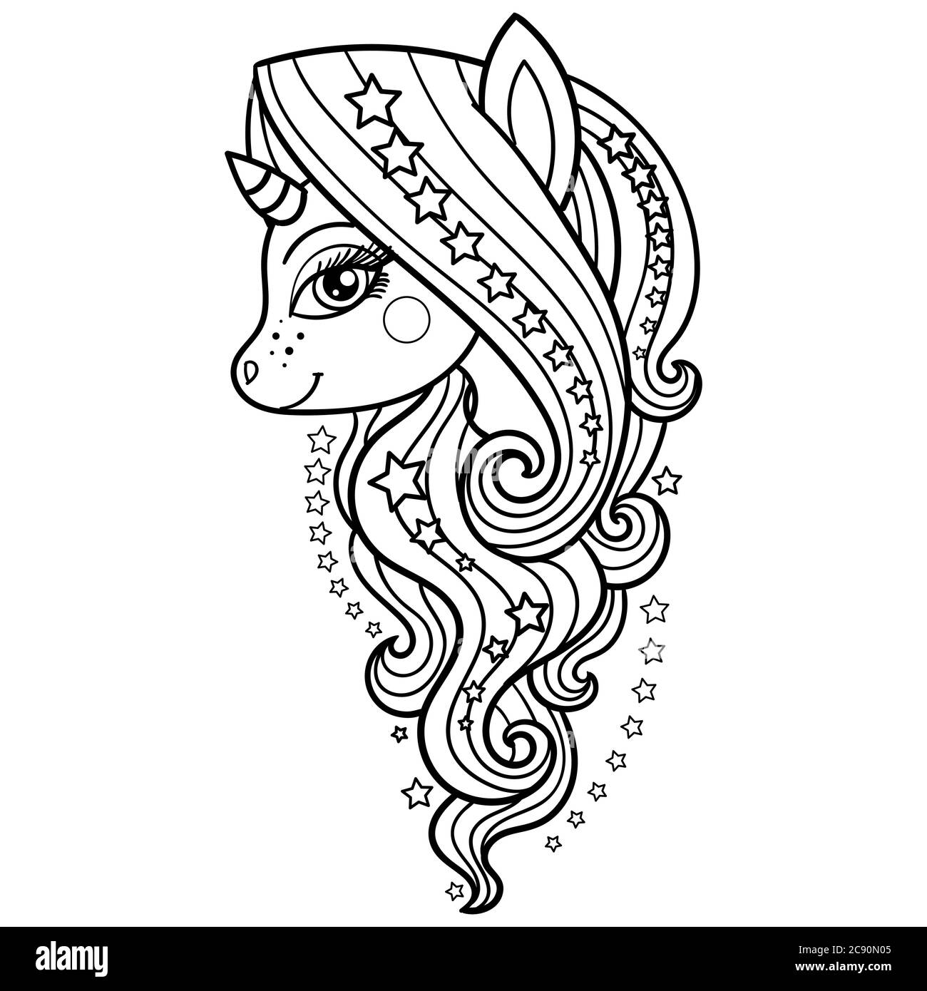 Unicorn with a long mane and stars. Black and white. Fantasy animal. For the design of prints, posters, coloring books, tattoos, etc. Vector Stock Vector