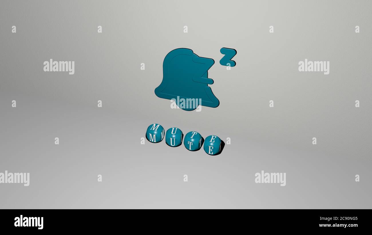 3D illustration of MUTE graphics and text made by metallic dice letters ...