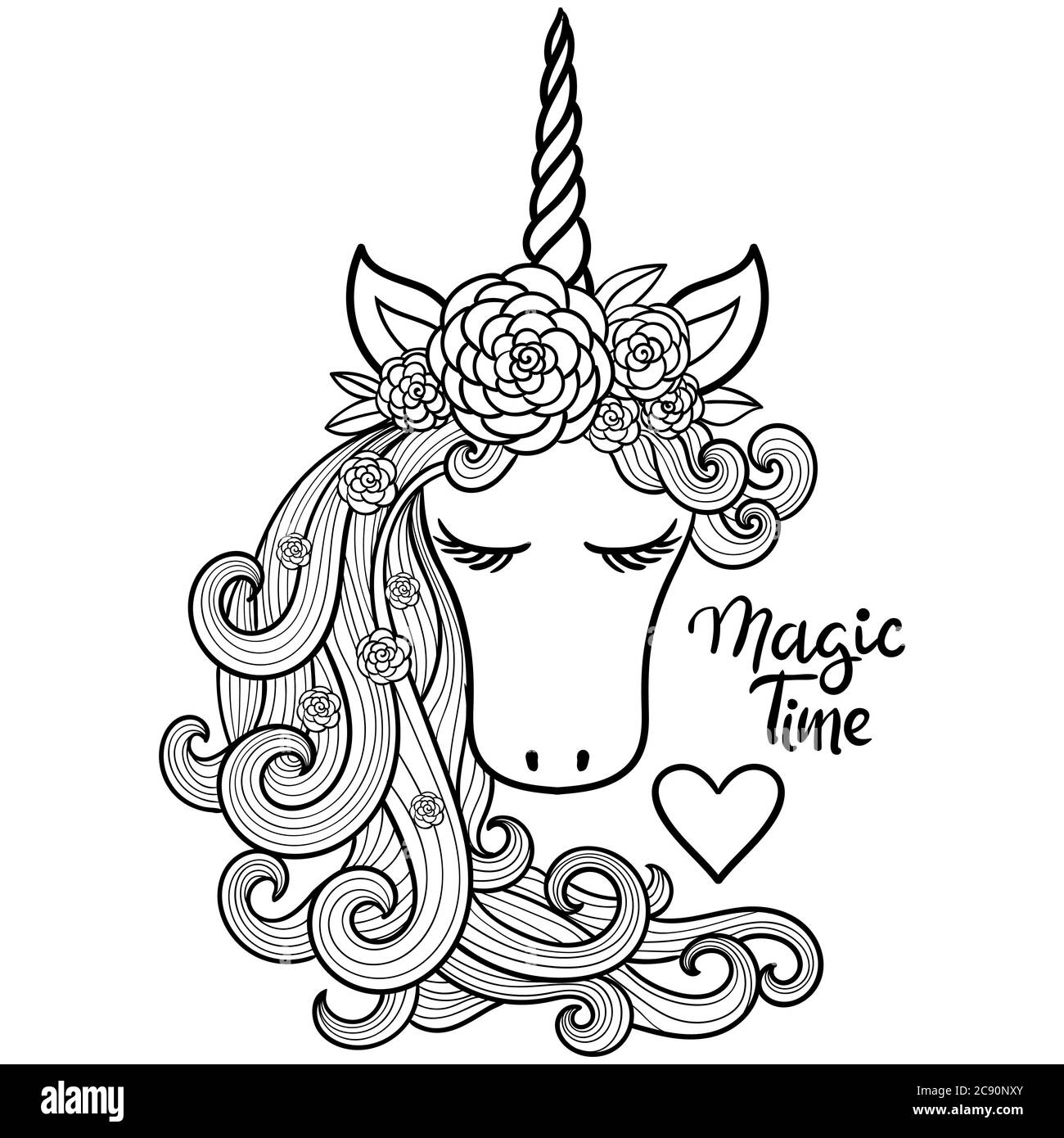 Unicorn. Magical animal. Vector artwork. Black and white. Coloring ...