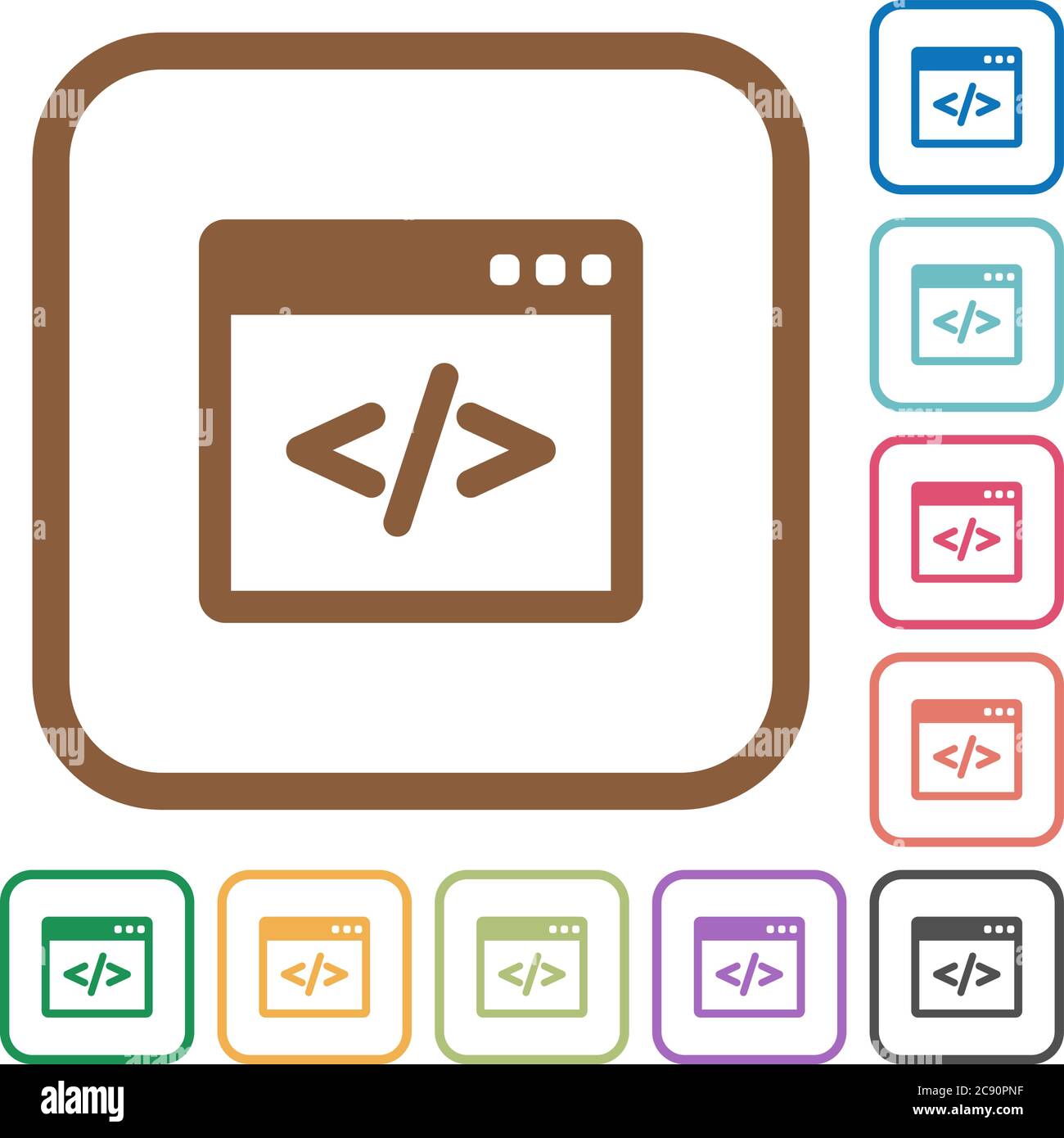 Programming code simple icons in color rounded square frames on white ...