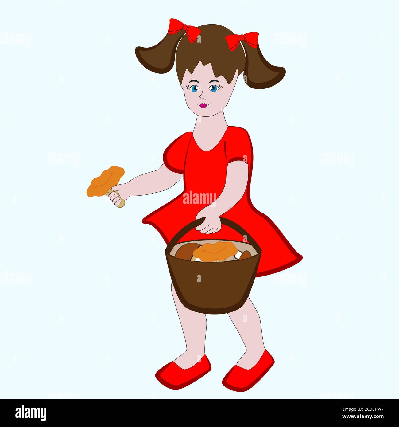 Girl in a red dress holding a basket with mushrooms isolated on a white background. Stock Vector