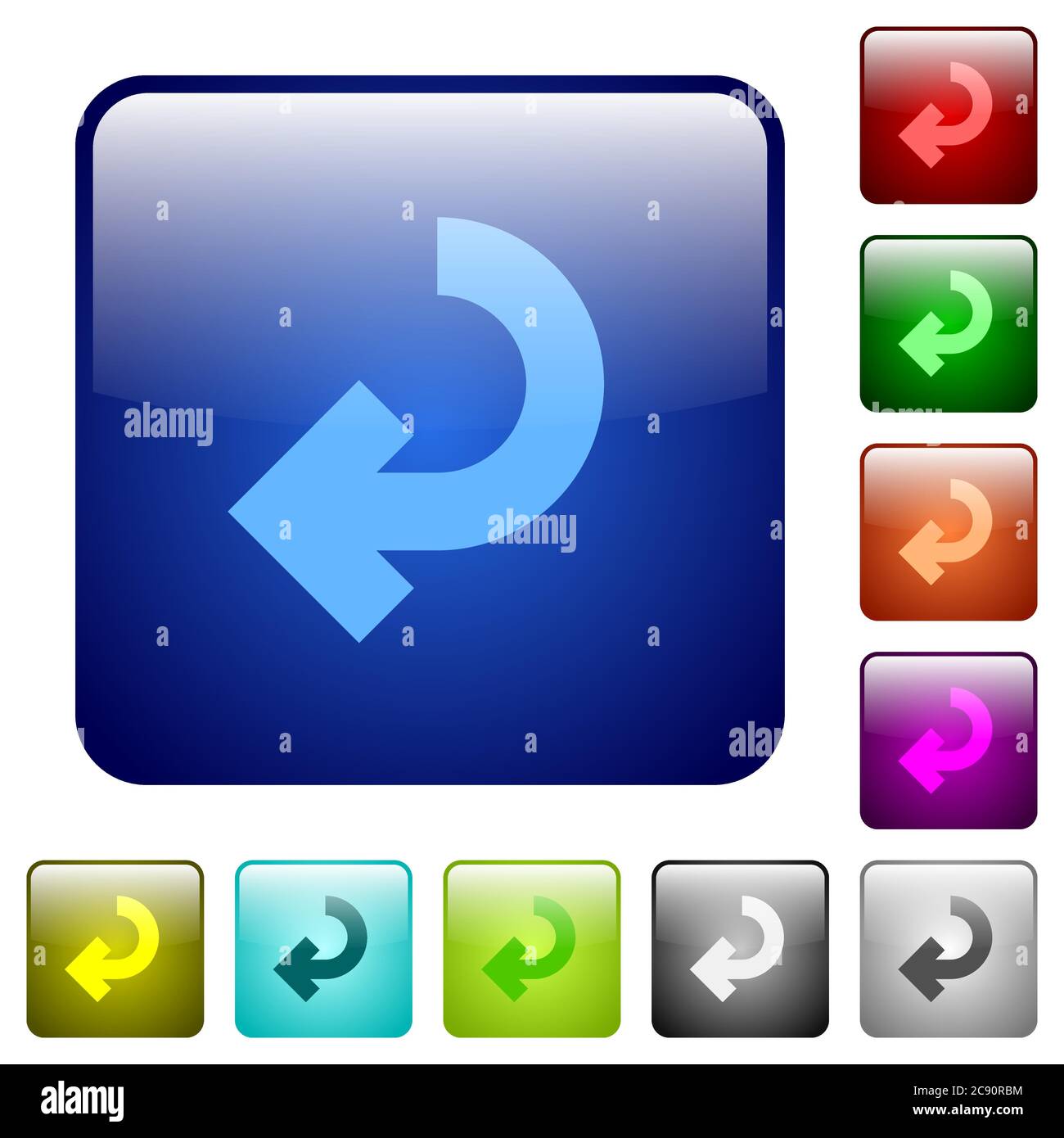 Return arrow color glass rounded square button set Stock Vector