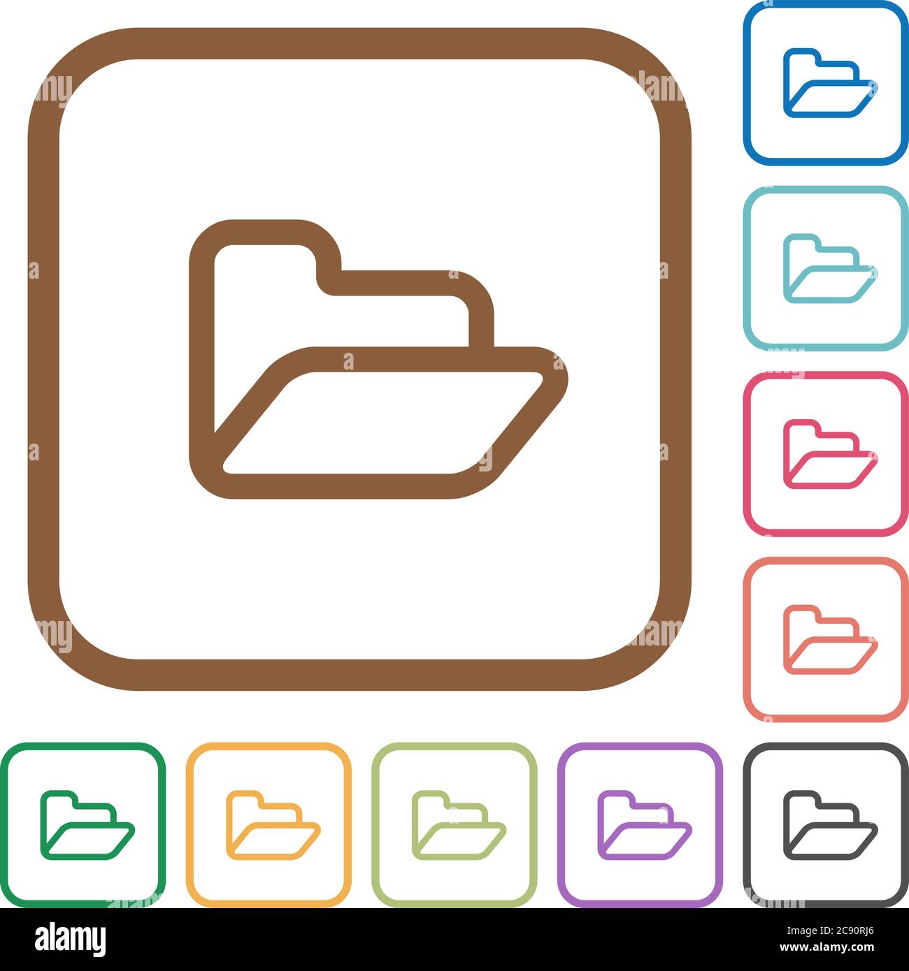 Open folder simple icons in color rounded square frames on white ...