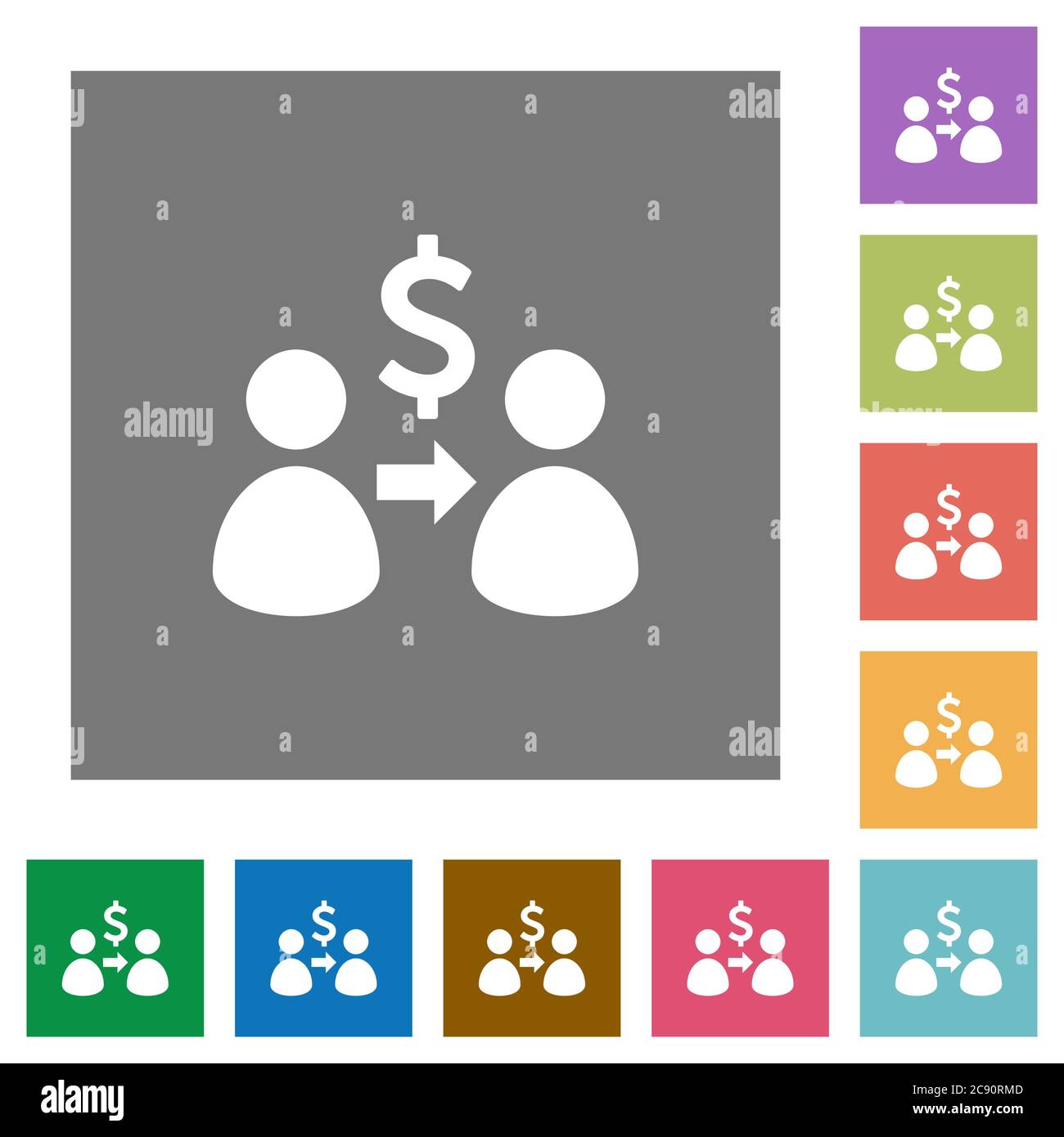 Send Dollars flat icons on simple color square background. Stock Vector