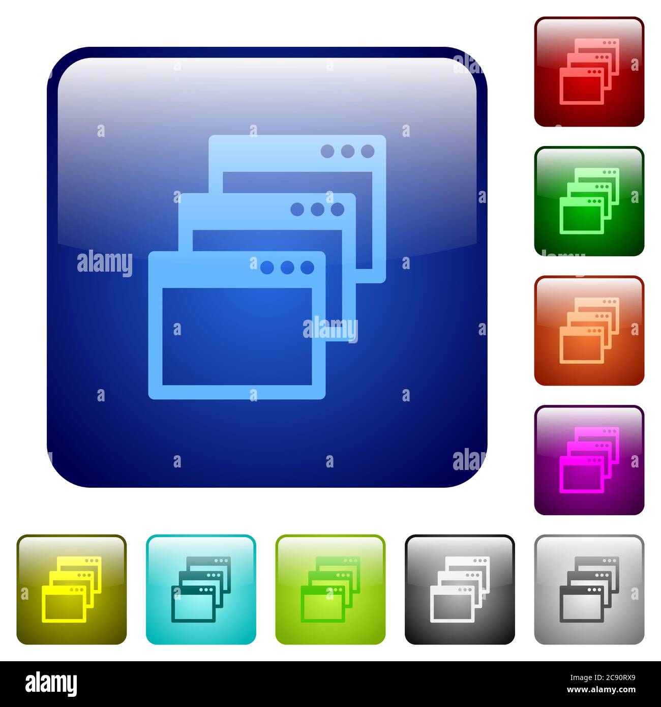Cascade window view mode color glass rounded square button set Stock Vector