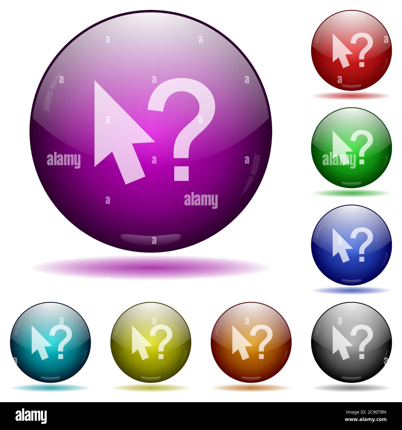 Help cursor color glass sphere buttons with shadows. Stock Vector