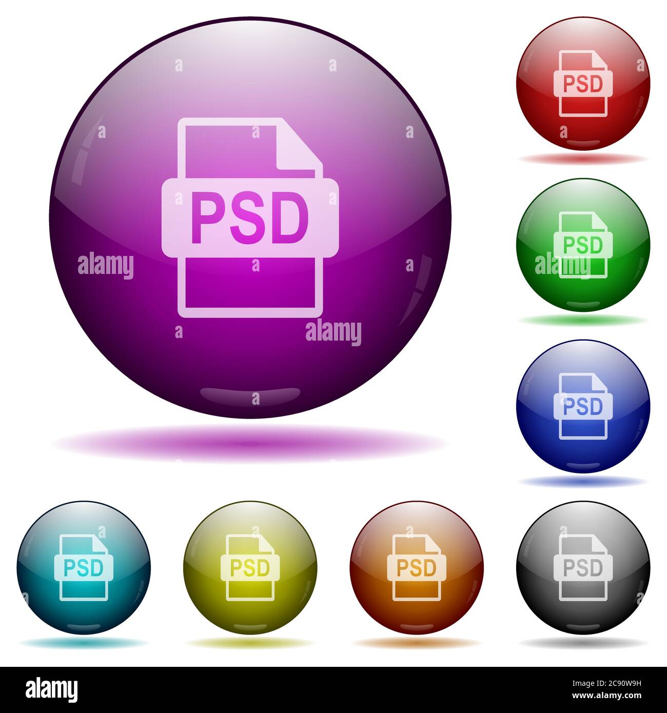 PSD file format color glass sphere buttons with shadows. Stock Vector