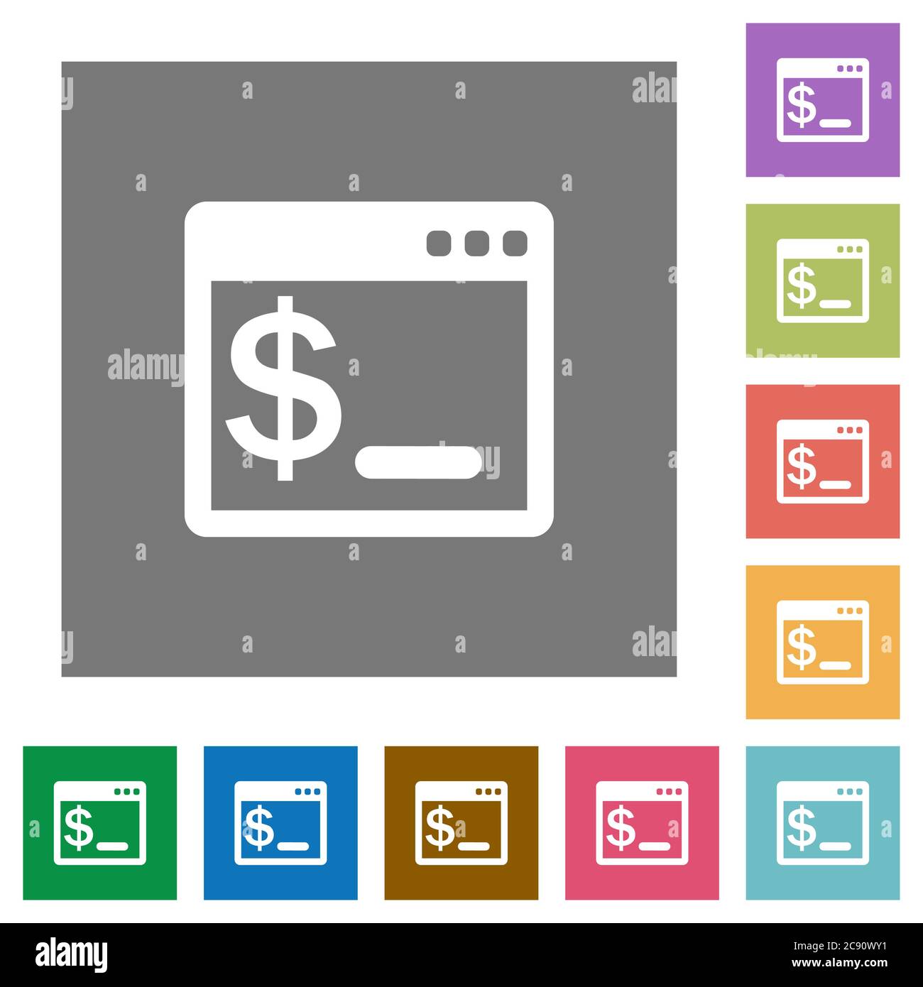 OS command terminal flat icons on simple color square backgrounds Stock Vector