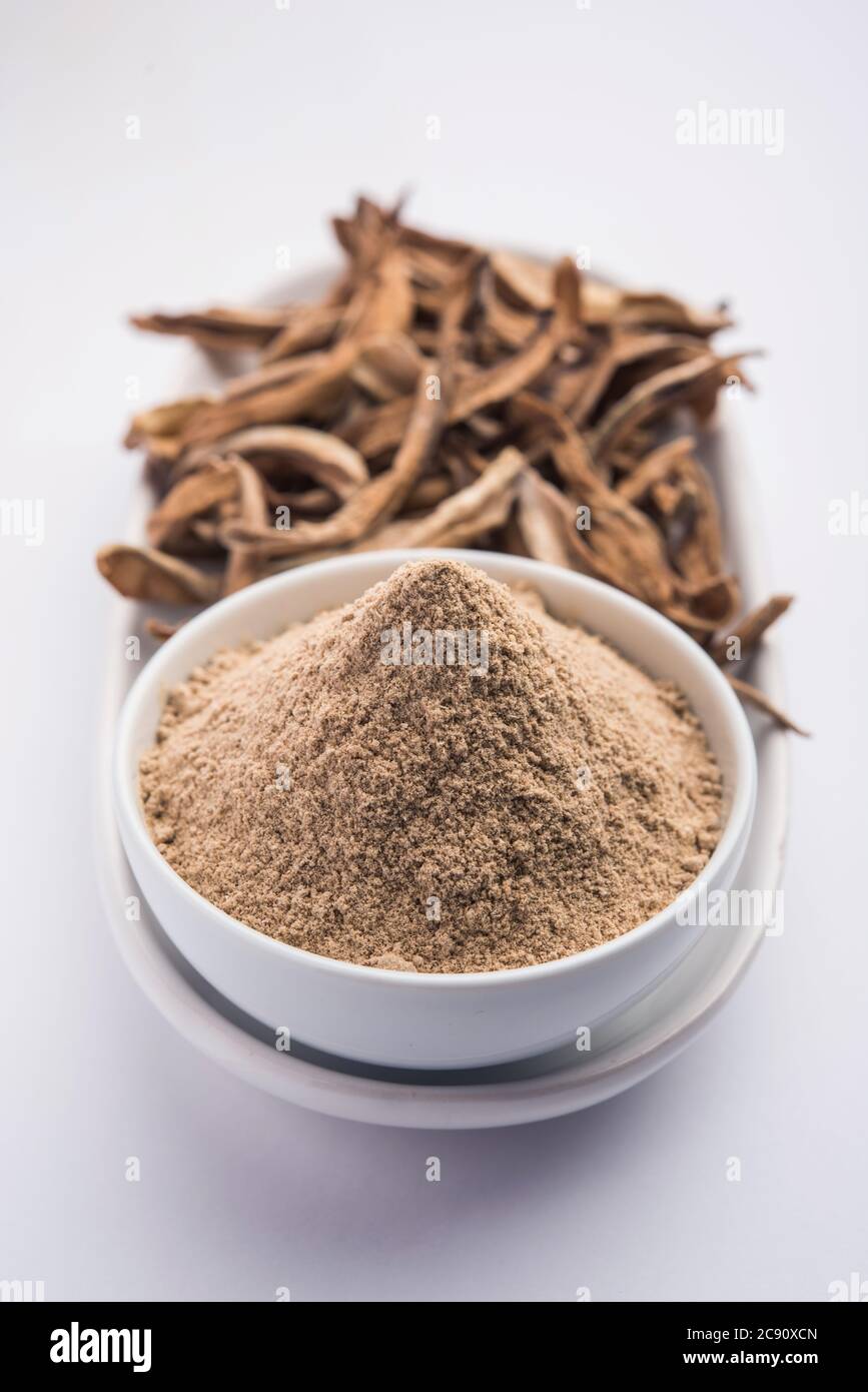 dry mango powder also known as Amchoor or Amchur, it's an Indian Spice with dried fruit Stock Photo