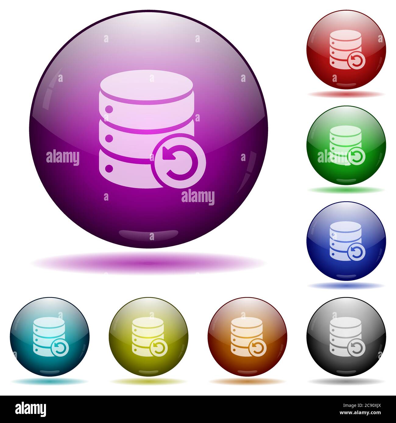 Undo database changes color glass sphere buttons with shadows. Stock Vector