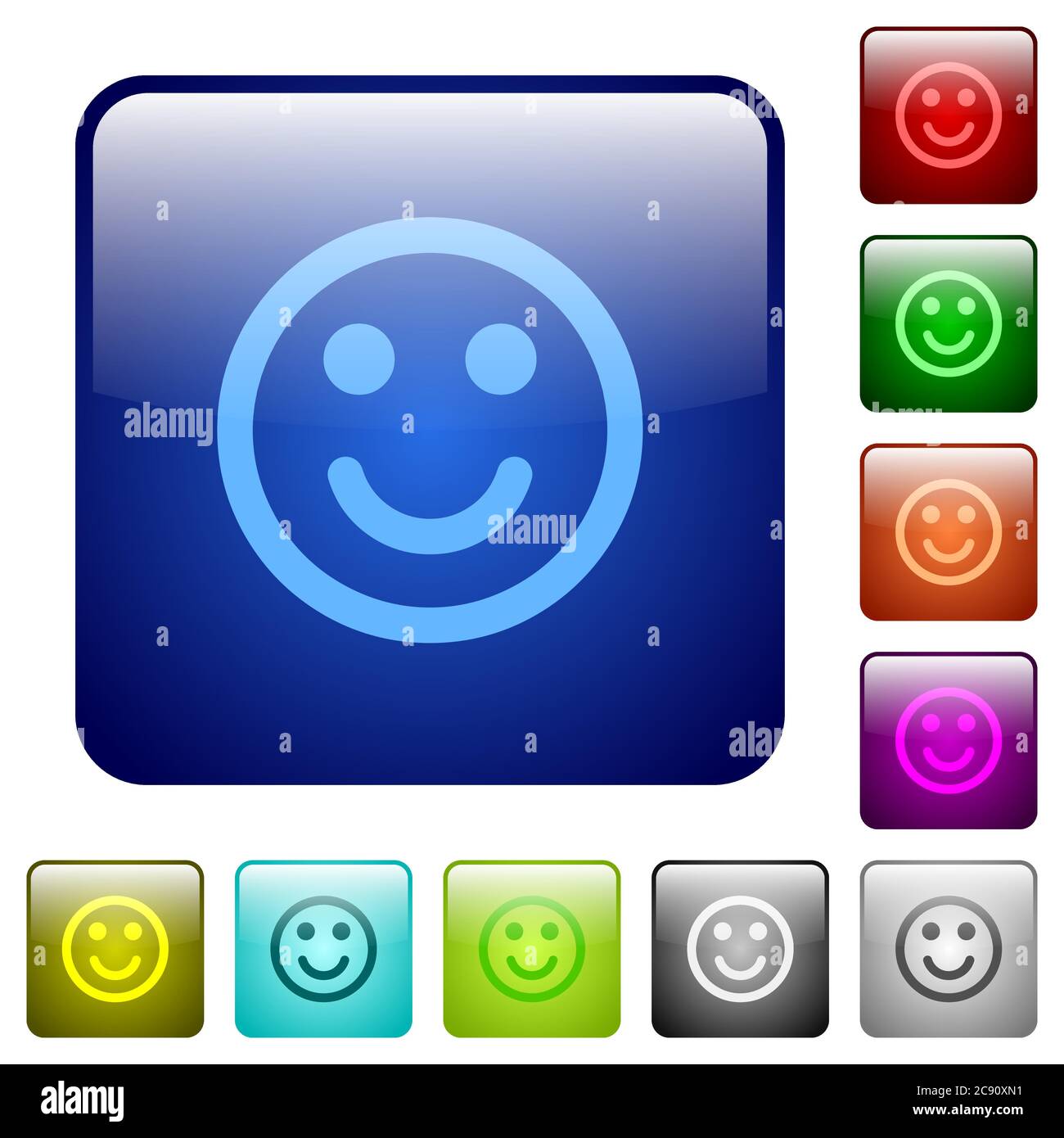 Smiling emoticon icons in rounded square color glossy button set Stock ...