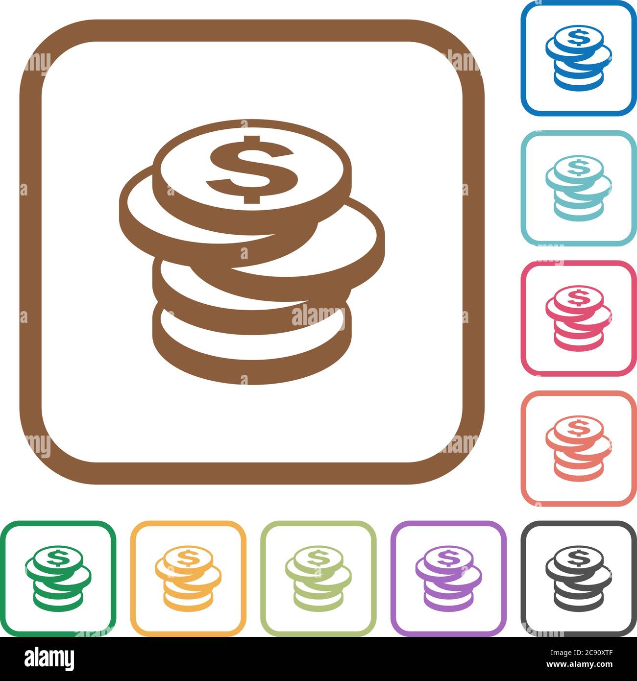 Dollar coins simple icons in color rounded square frames on white ...