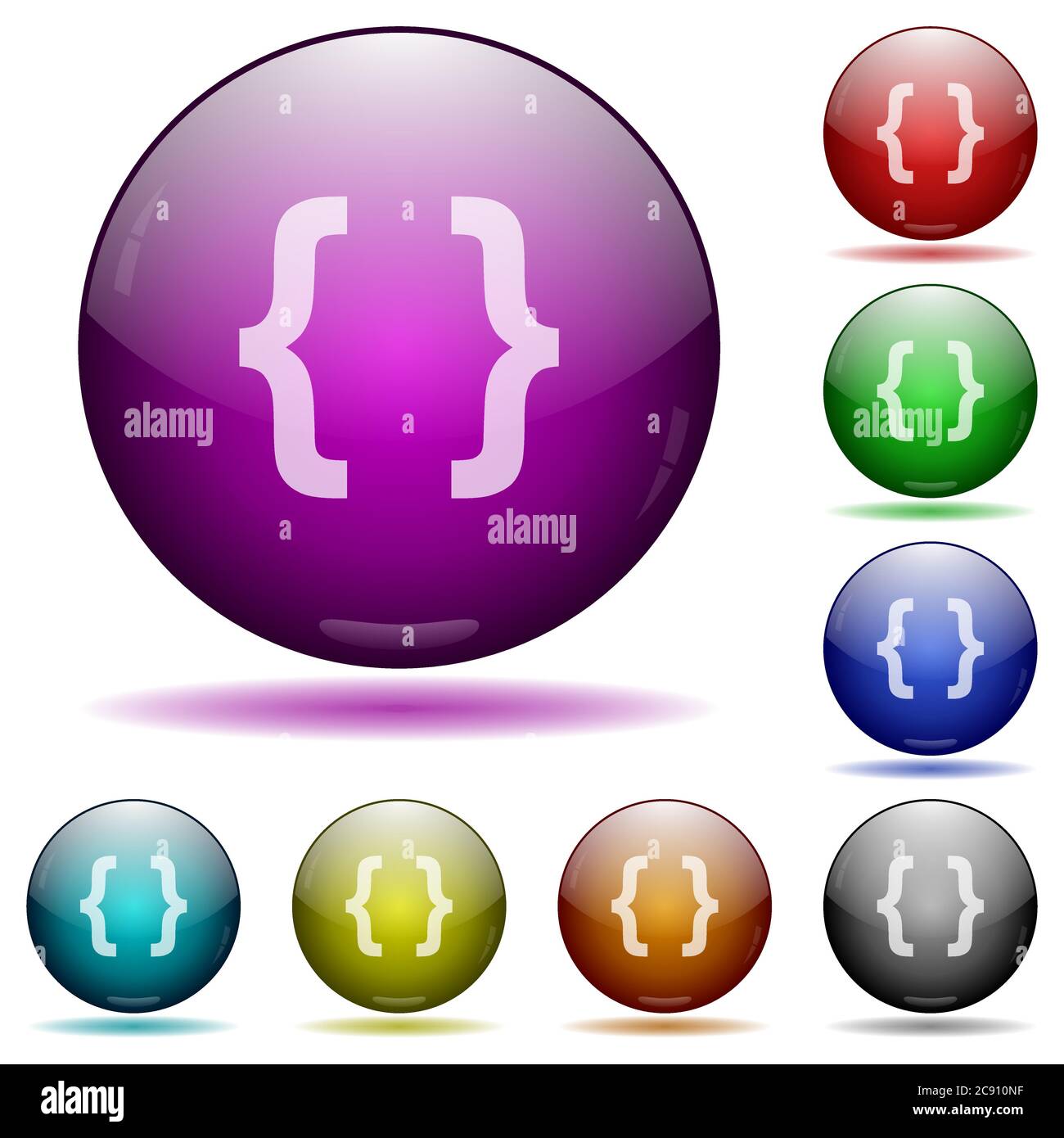 Programming code icons in color glass sphere buttons with shadows Stock ...