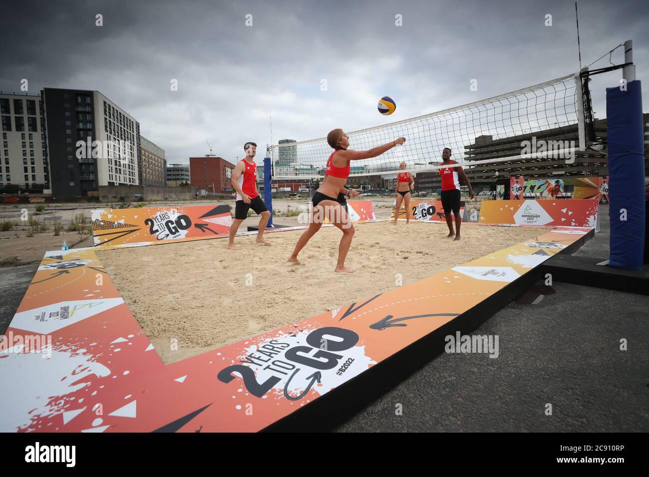 Team England players play beach volleyball during a demonstration at