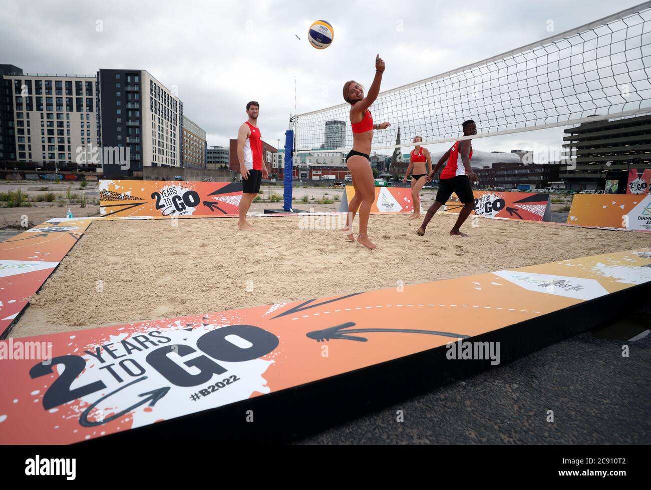 Team England players play beach volleyball during a demonstration at