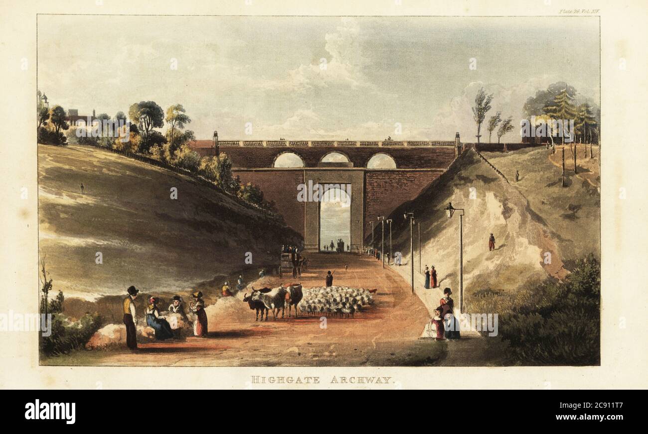 View of drovers driving cattle and sheep to Smithfield Market under the archway at Highgate Hill, 1822. The brick archway for Hornsey Lane was built by architect John Nash in 1813, and the toll road Archway Road (now the A1) underneath by engineer Thomas Telford using Roman cement and gravel. Pedestrians walk on the gaslit pavement. Highgate Archway. Handcoloured copperplate engraving from Rudolph Ackermann’s Repository of Arts, Literature, Fashions, Manufactures, etc., Strand, London, 1822. Stock Photo