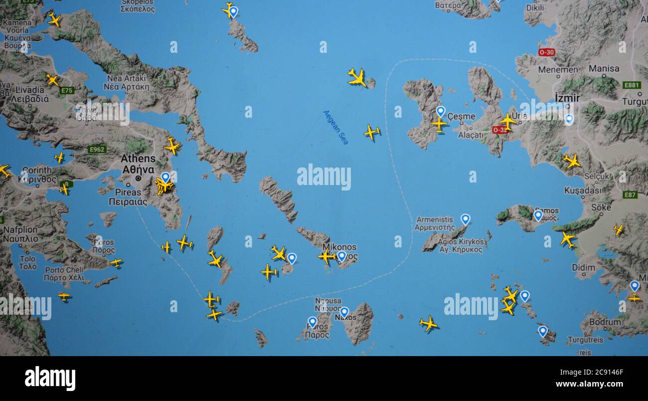 air traffic over Athens and Aegean sea (27 july 2020, UTC 14.45)  on Internet with Flightradar 24 site, during the Coronavirus Pandemic Stock Photo