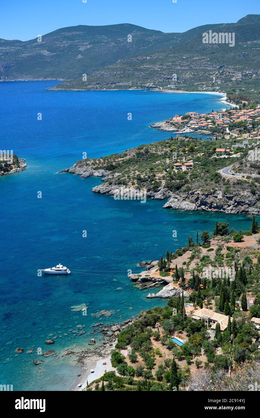 Looking down on Kalamitsi Bay with the house of author Patrick Leigh Fermor in the foreground and the village of Kardamiyli behind, Messinian Mani, So Stock Photo