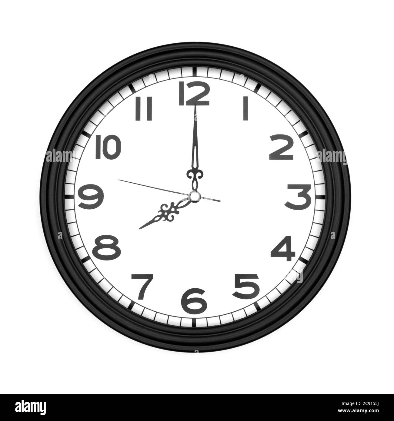 Black round analog wall clock isolated on white background, its eight